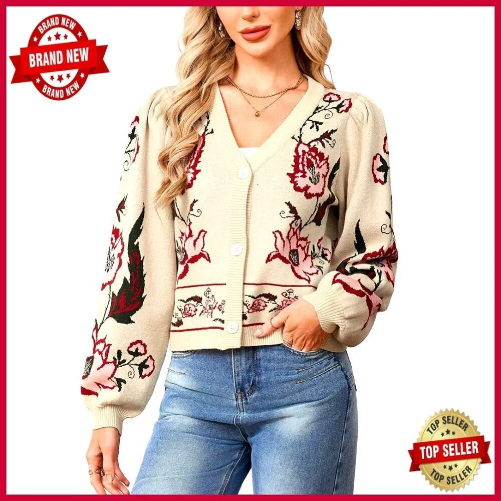Cropped Cardigan with Puff Sleeves, V-Neck, Floral Print, Soft Knit